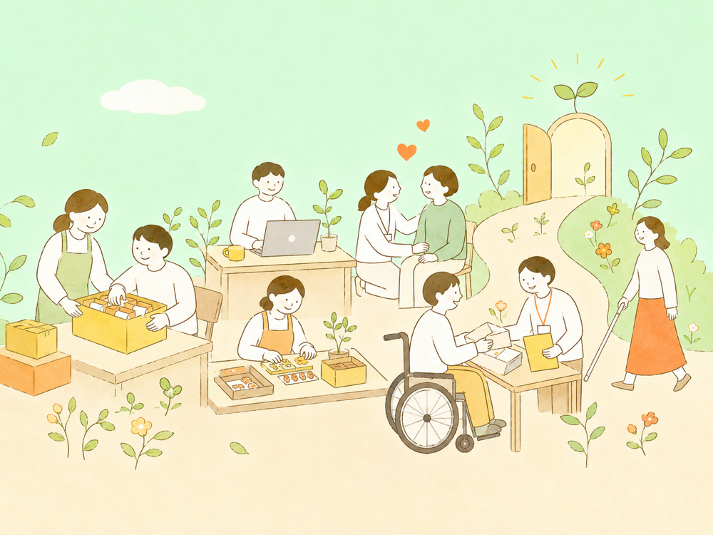 作業や相談を通じて自分らしく働く人々のイラスト