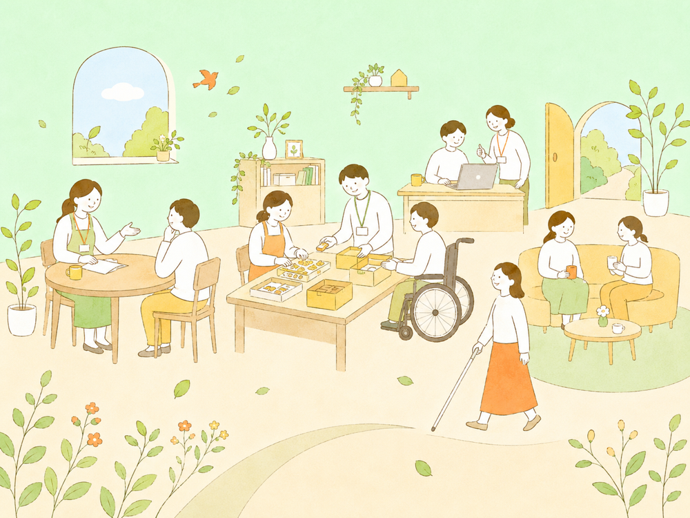 作業や軽作業に取り組む利用者とスタッフのイラスト