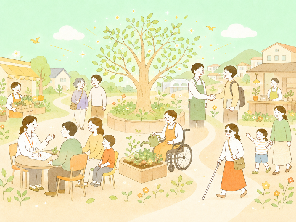 地域の中で支え合いながら暮らす人々のイラスト
